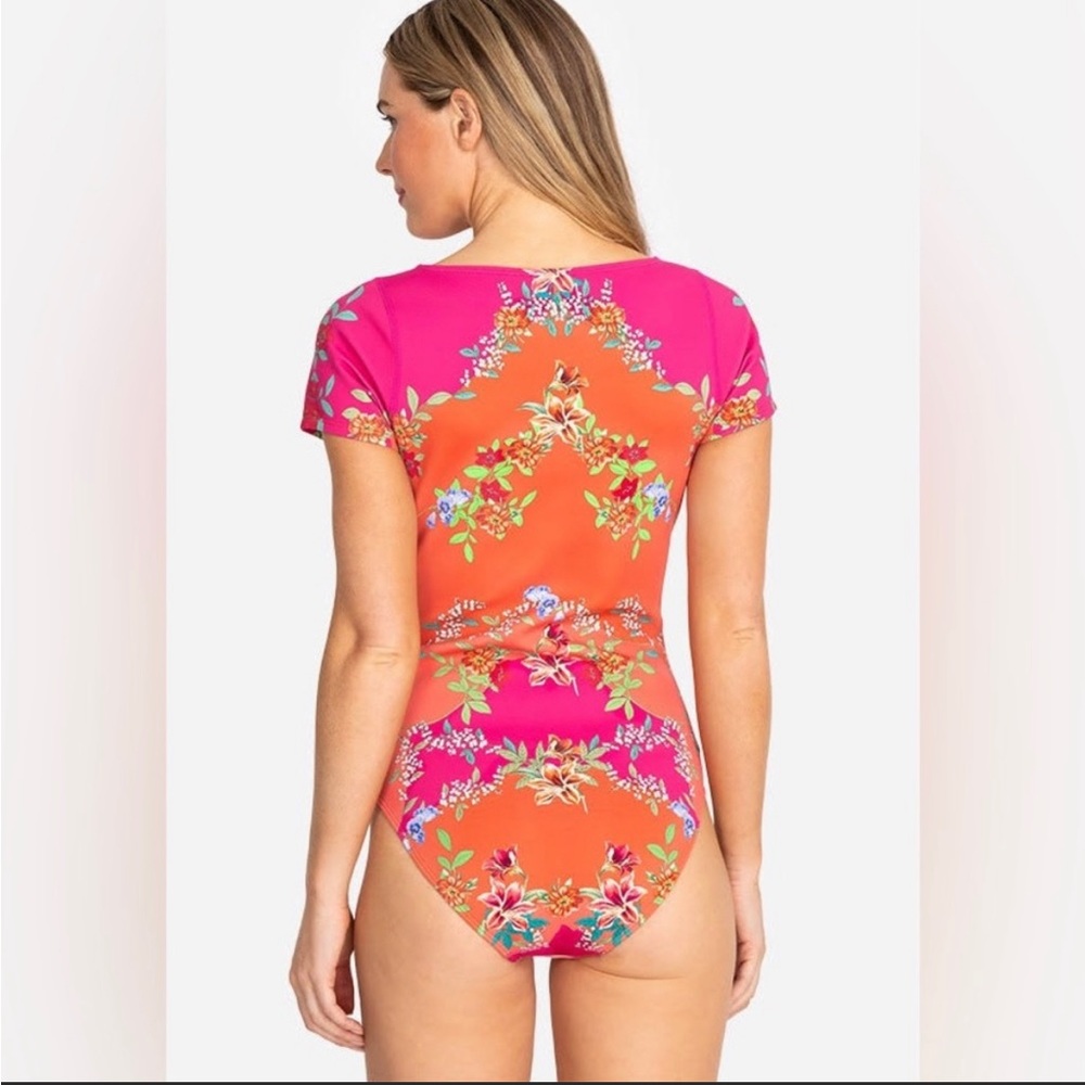Johnny Was Short-Sleeve Floral One-Piece Swimsuit in Pink & Orange - Picture 2 of 8